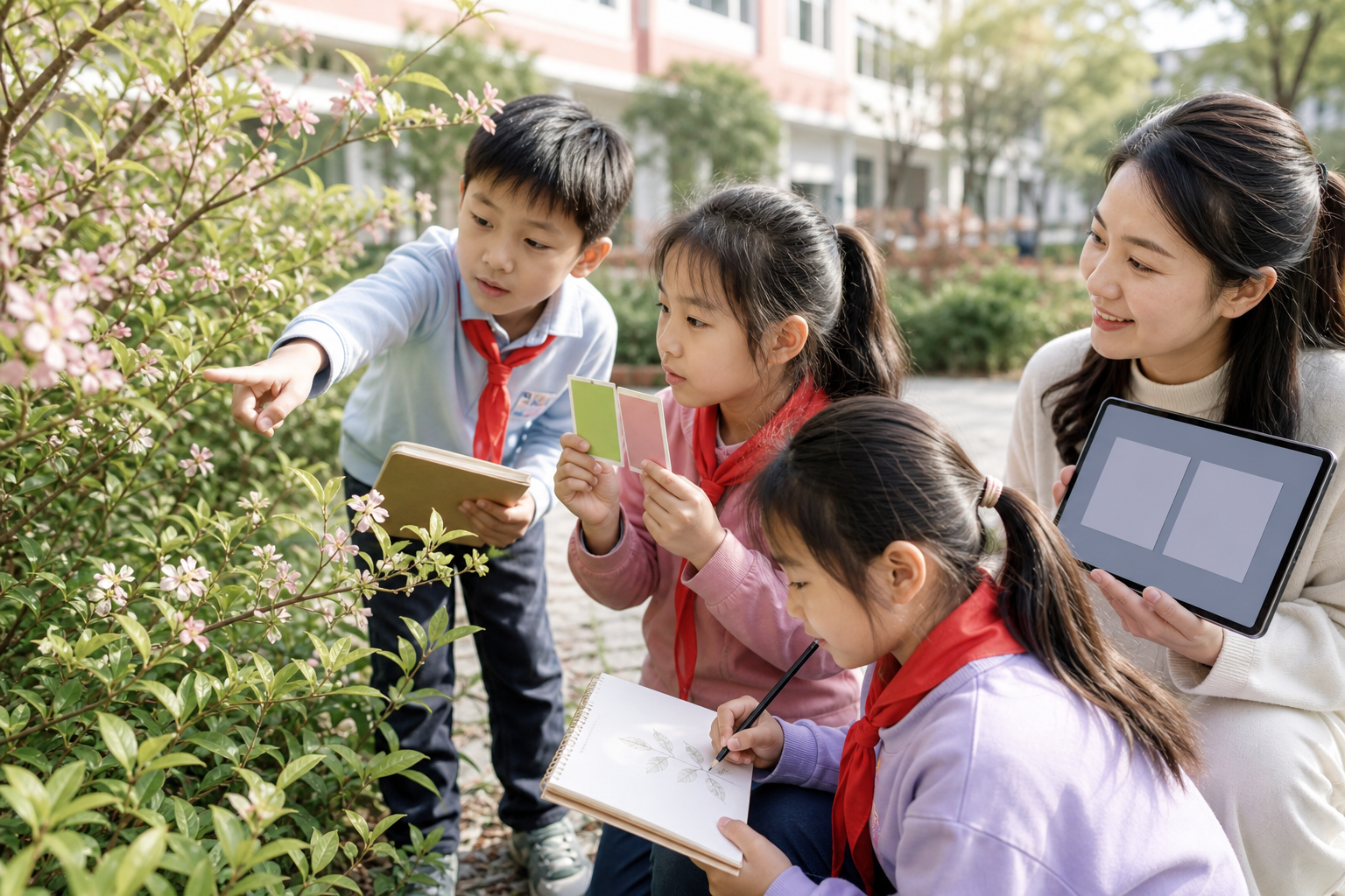 三年级学生先观察校园植物,再在教师组织下比较大模型给出的描述