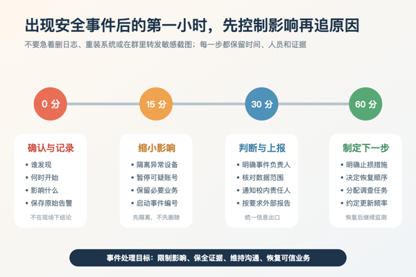 安全事件发生后从确认记录隔离影响判断上报到制定下一步的第一小时流程图